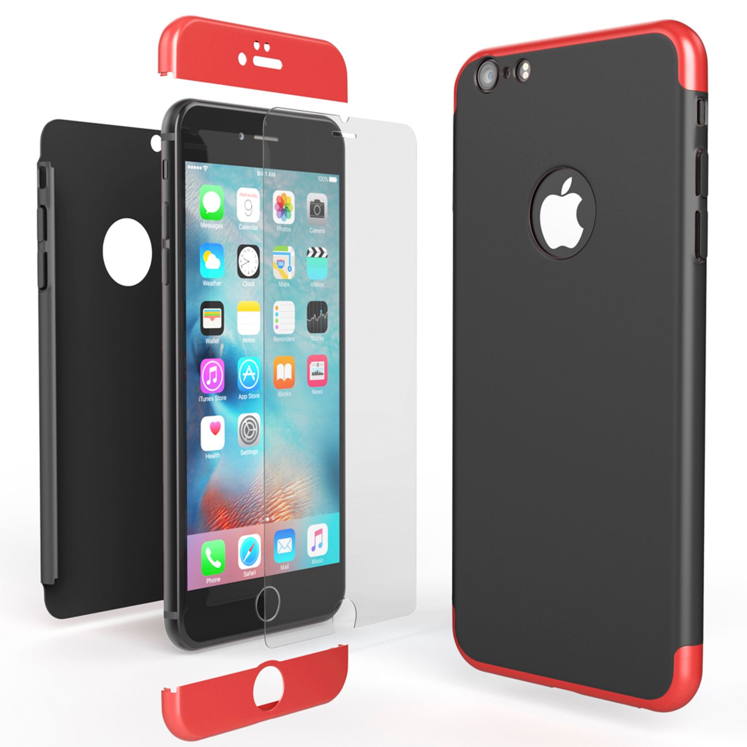 iPhone 6/6S Hülle Rundum Handyhülle mit Displayschutz von NALIA, 360° Cover Case Rot Schwarz NALIA
