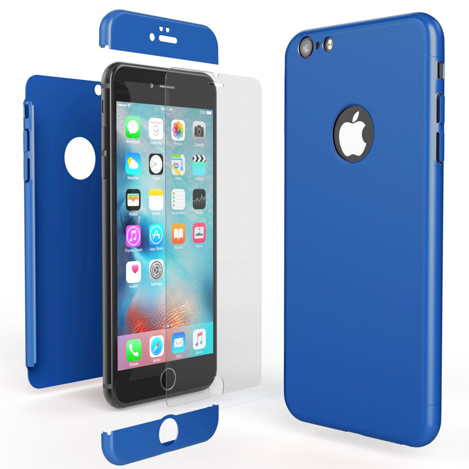iPhone 6/6S Hülle Rundum Handyhülle mit Displayschutz von NALIA, 360° Cover Case Blau NALIA GlasSchutz