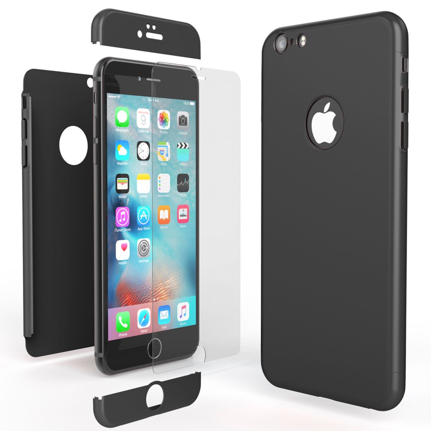iPhone 6/6S Hülle Rundum Handyhülle mit Displayschutz von NALIA, 360° Cover Case Schwarz NALIA GlasSchutz