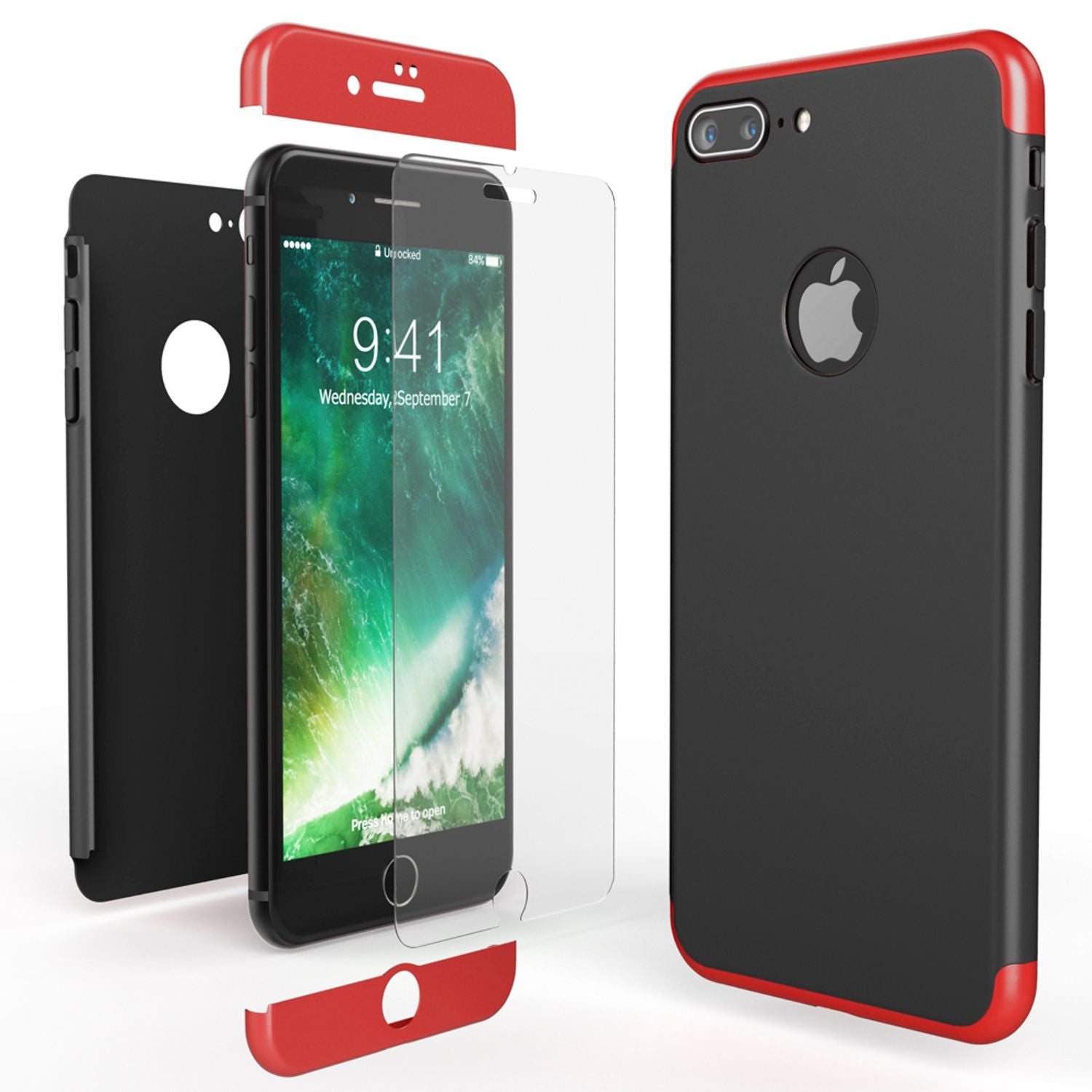 Apple iPhone 7 Plus Rundum Handy Hülle mit Displayschutz von NALIA, 360° Case Rot Schwarz NALIA