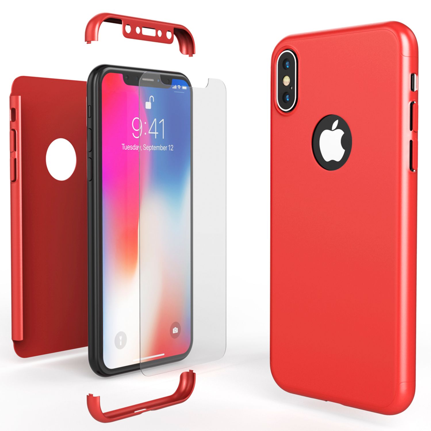 NALIA 360 Grad Hülle für iPhone X XS, Rundum Handy Cover Case mit Displayschutz Rot NALIA