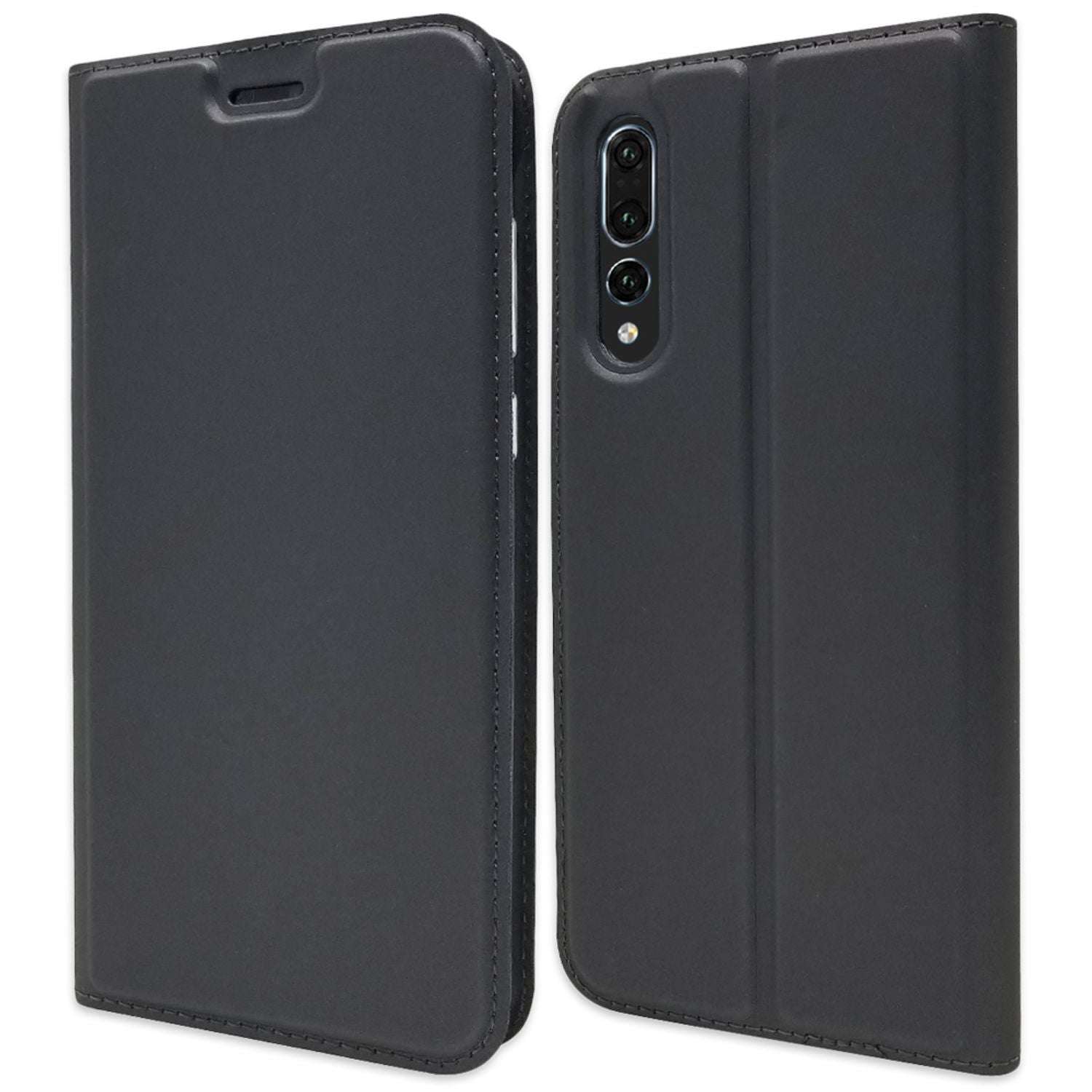 NALIA Hülle für Huawei P20 Pro, Slim Kickstand Handyhülle Flip Case Kunstleder Schwarz Grau NALIA