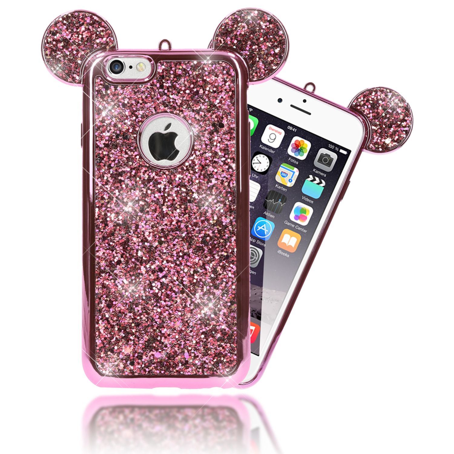 Apple iPhone 6 6S Handy Hülle von NALIA, Glitzer Back Cover Case mit Maus Ohren Pink NALIA