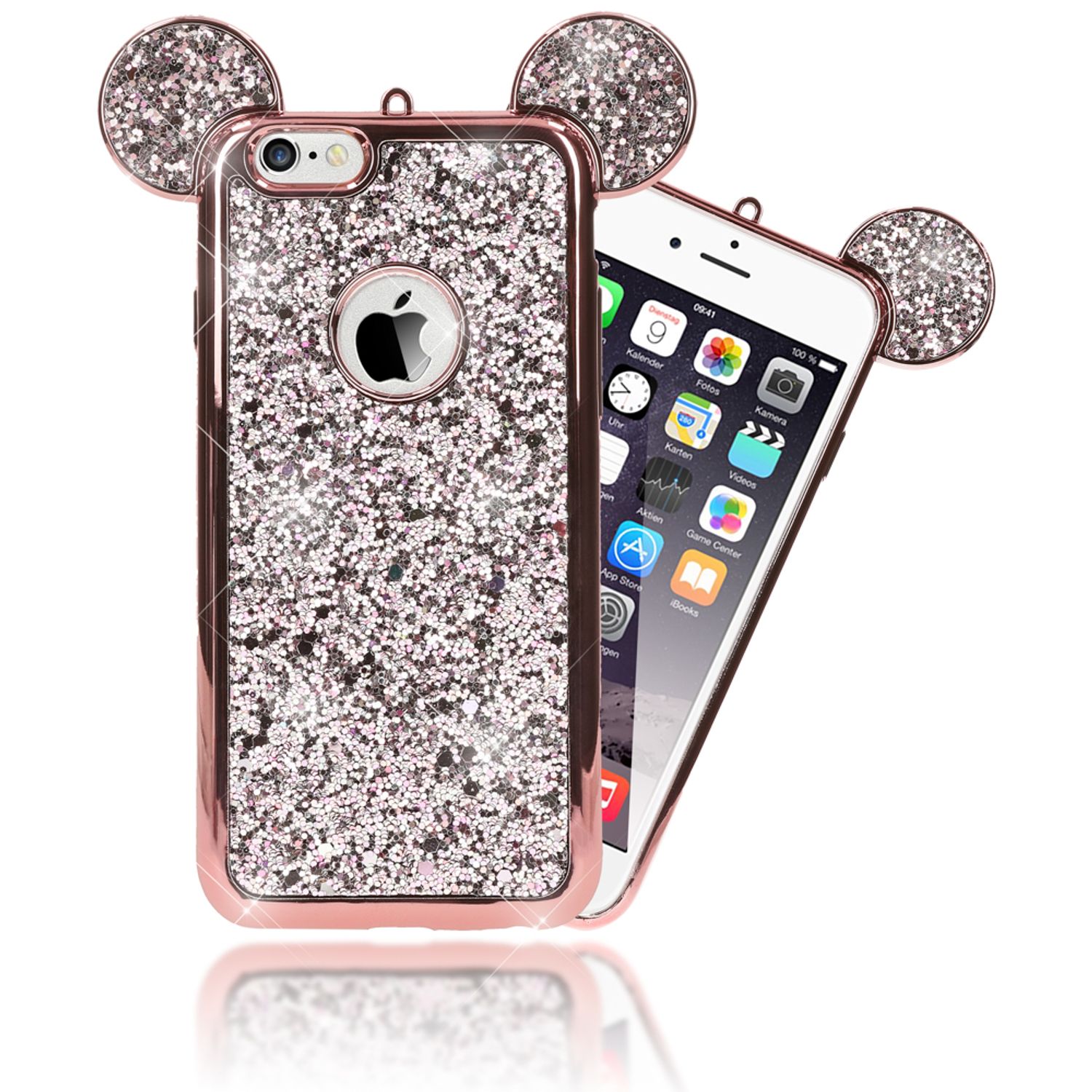 Apple iPhone 6 6S Handy Hülle von NALIA, Glitzer Back Cover Case mit Maus Ohren Rose Gold NALIA
