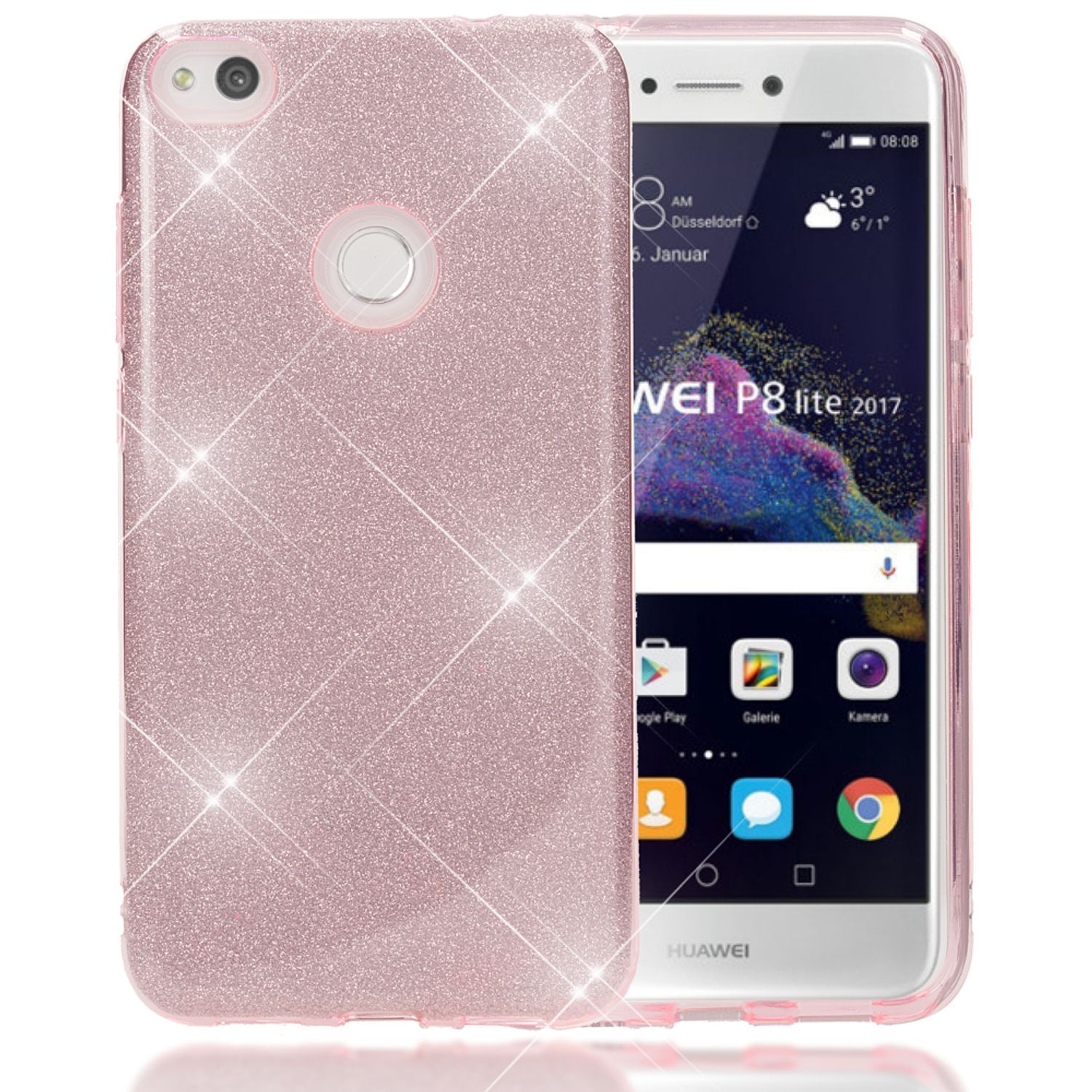 Huawei P8 Lite (2017) Glitzer Handy Hülle von NALIA, Silikon Case Cover Schutz Gold NALIA Protective Hülle