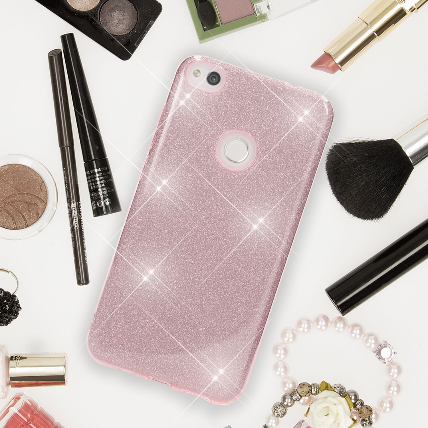 Huawei P8 Lite (2017) Glitzer Handy Hülle von NALIA, Silikon Case Cover Schutz Gold NALIA Protective Hülle