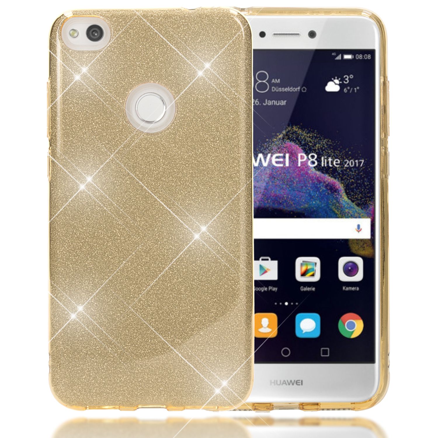 Huawei P8 Lite (2017) Glitzer Handy Hülle von NALIA, Silikon Case Cover Schutz Gold NALIA Protective Hülle