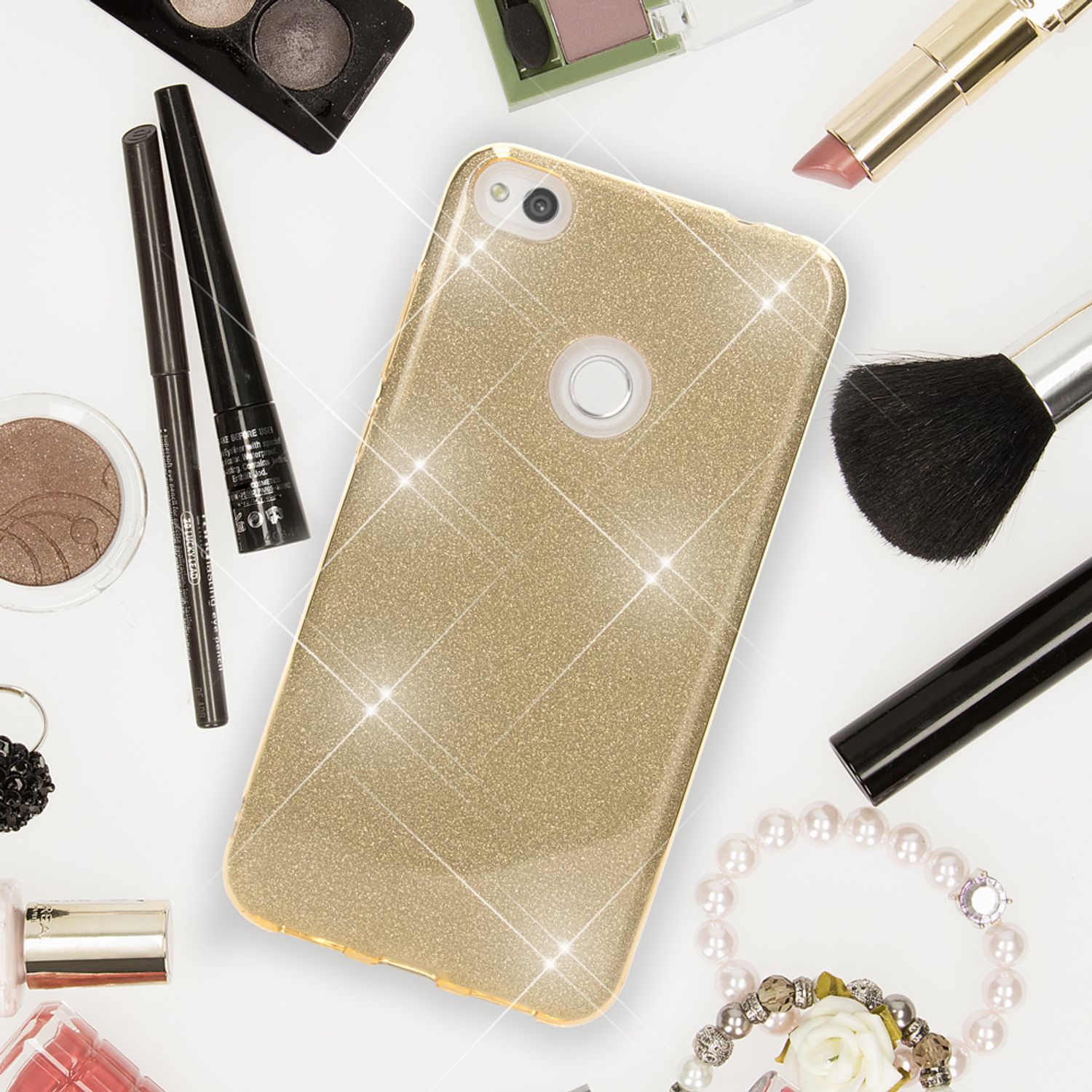 Huawei P8 Lite (2017) Glitzer Handy Hülle von NALIA, Silikon Case Cover Schutz Gold NALIA Protective Hülle