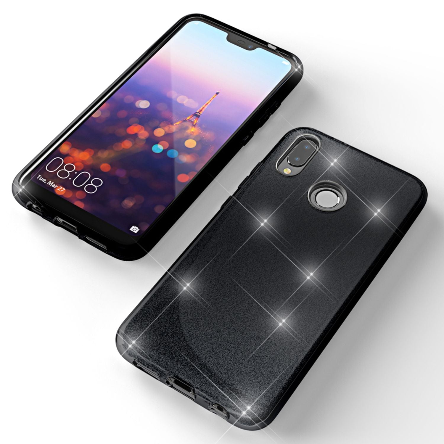Huawei P20 Lite Hülle Handyhülle von NALIA, Glitzer Silikon-Case Back-Cover Schwarz NALIA Protective Hülle