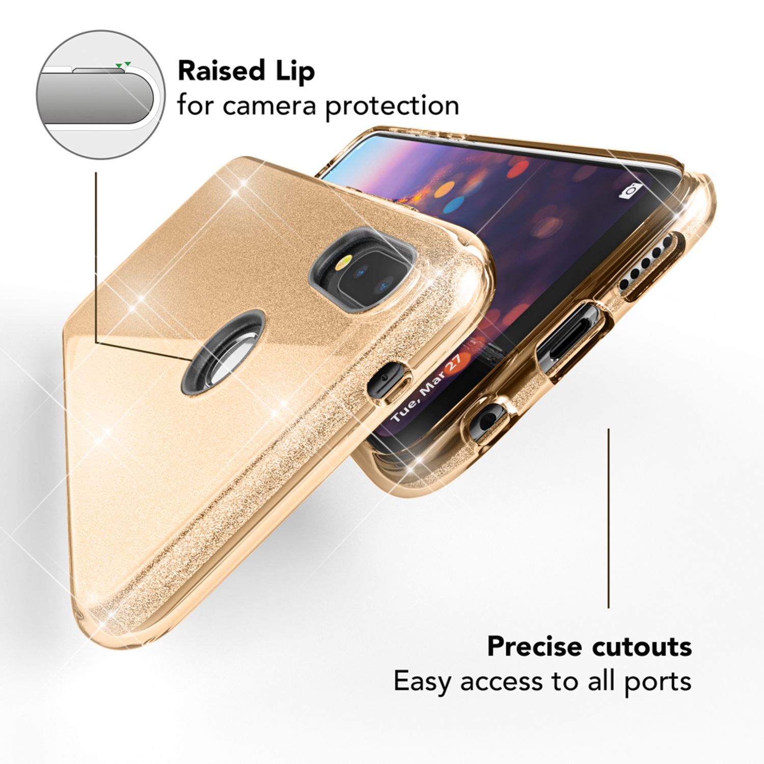Huawei P20 Lite Hülle Handyhülle von NALIA, Glitzer Silikon-Case Back-Cover Gold NALIA Protective Hülle
