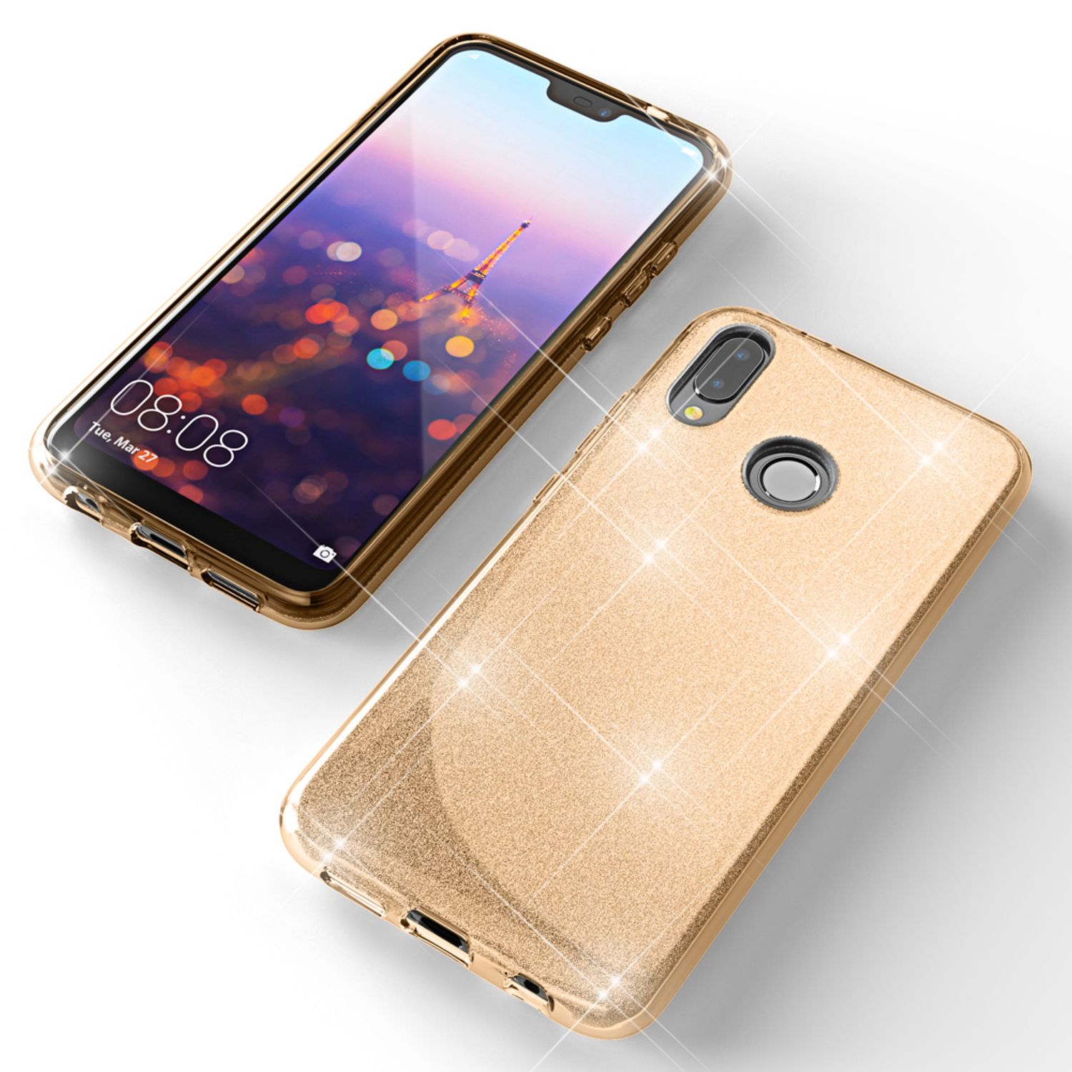 Huawei P20 Lite Hülle Handyhülle von NALIA, Glitzer Silikon-Case Back-Cover Gold NALIA Protective Hülle