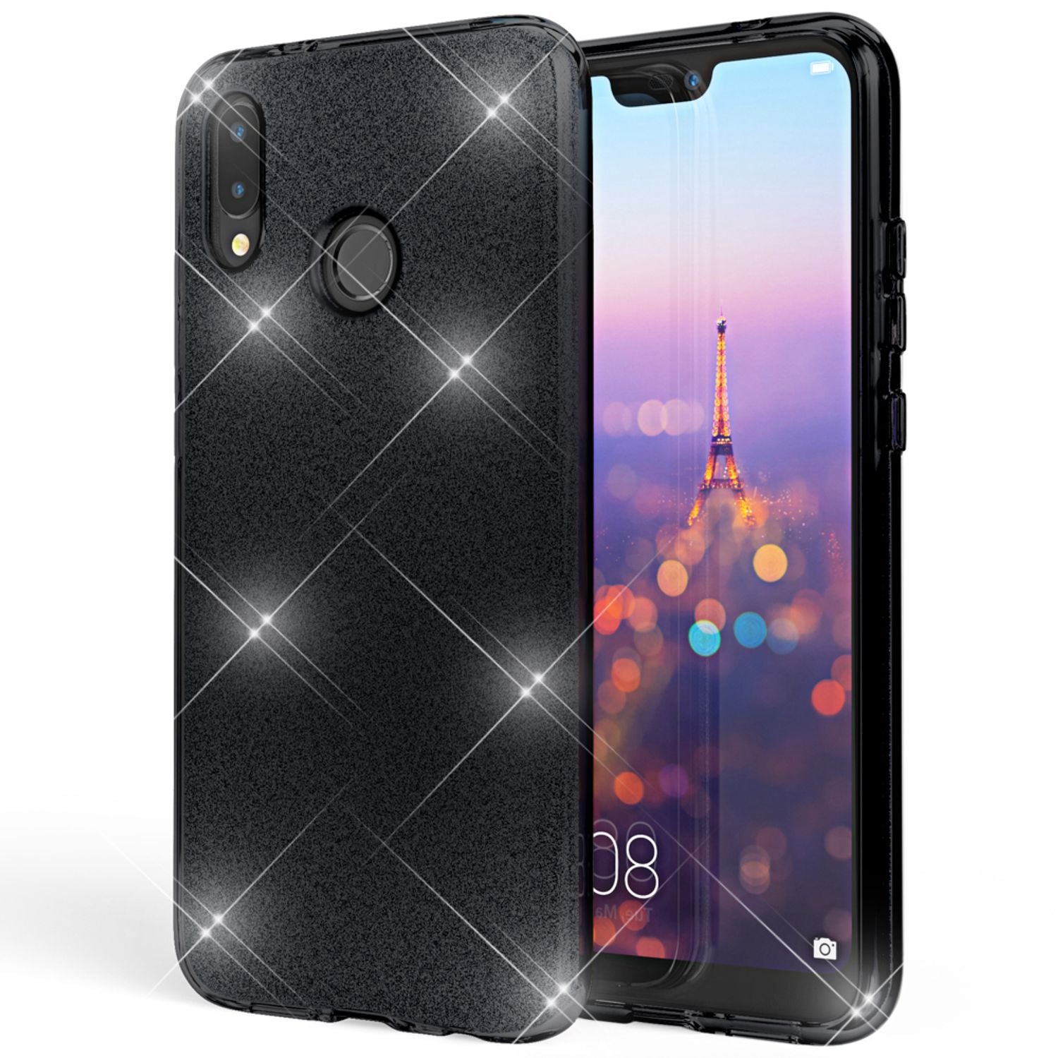 Huawei P20 Lite Hülle Handyhülle von NALIA, Glitzer Silikon-Case Back-Cover Schwarz NALIA Protective Hülle