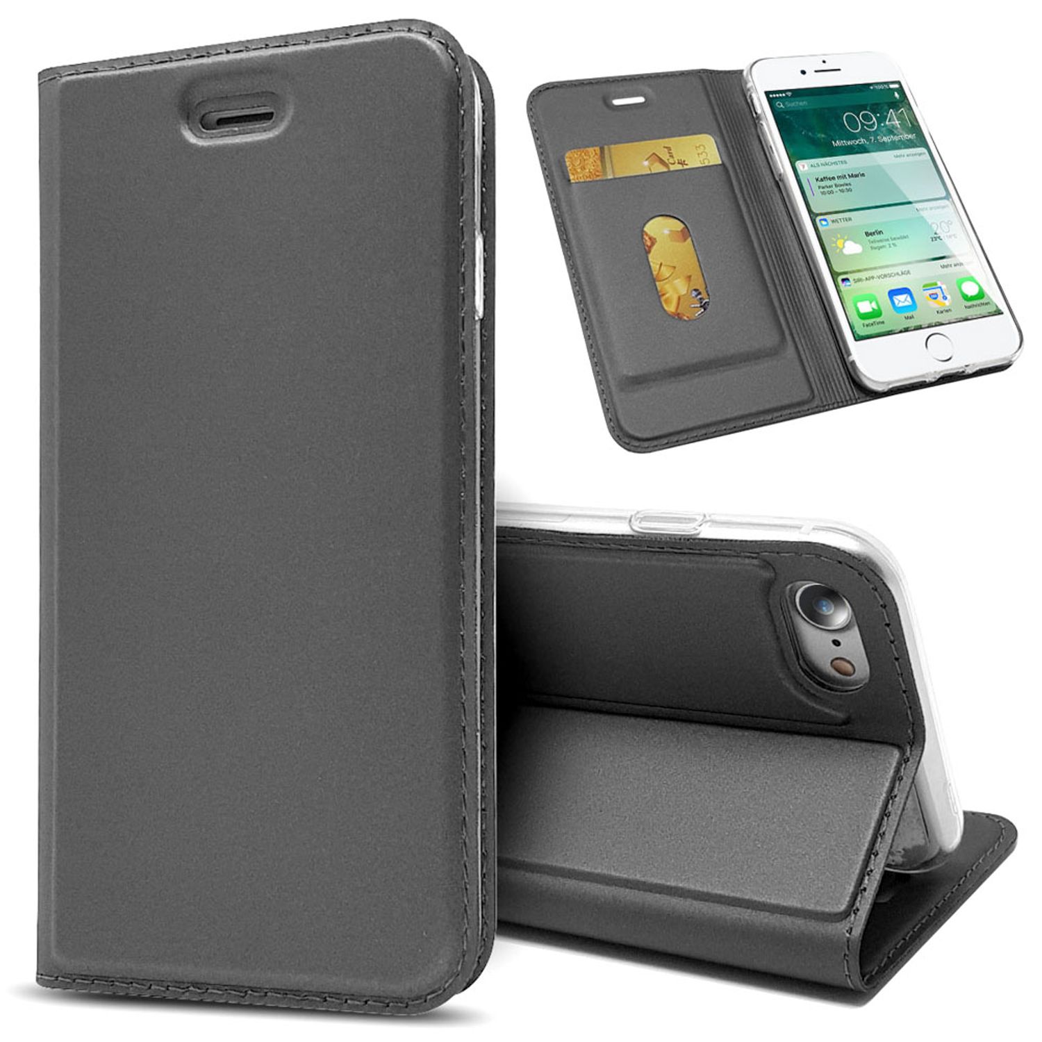 NALIA Klapp Hülle für iPhone SE 2022 / SE 2020 / 8 / 7, Handy Case Kunst Leder Rose Gold NALIA