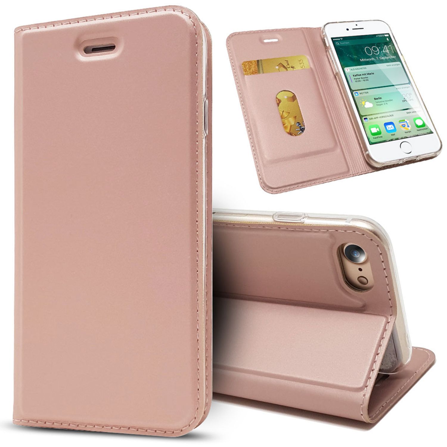 NALIA Klapp Hülle für iPhone SE 2022 / SE 2020 / 8 / 7, Handy Case Kunst Leder Rose Gold NALIA