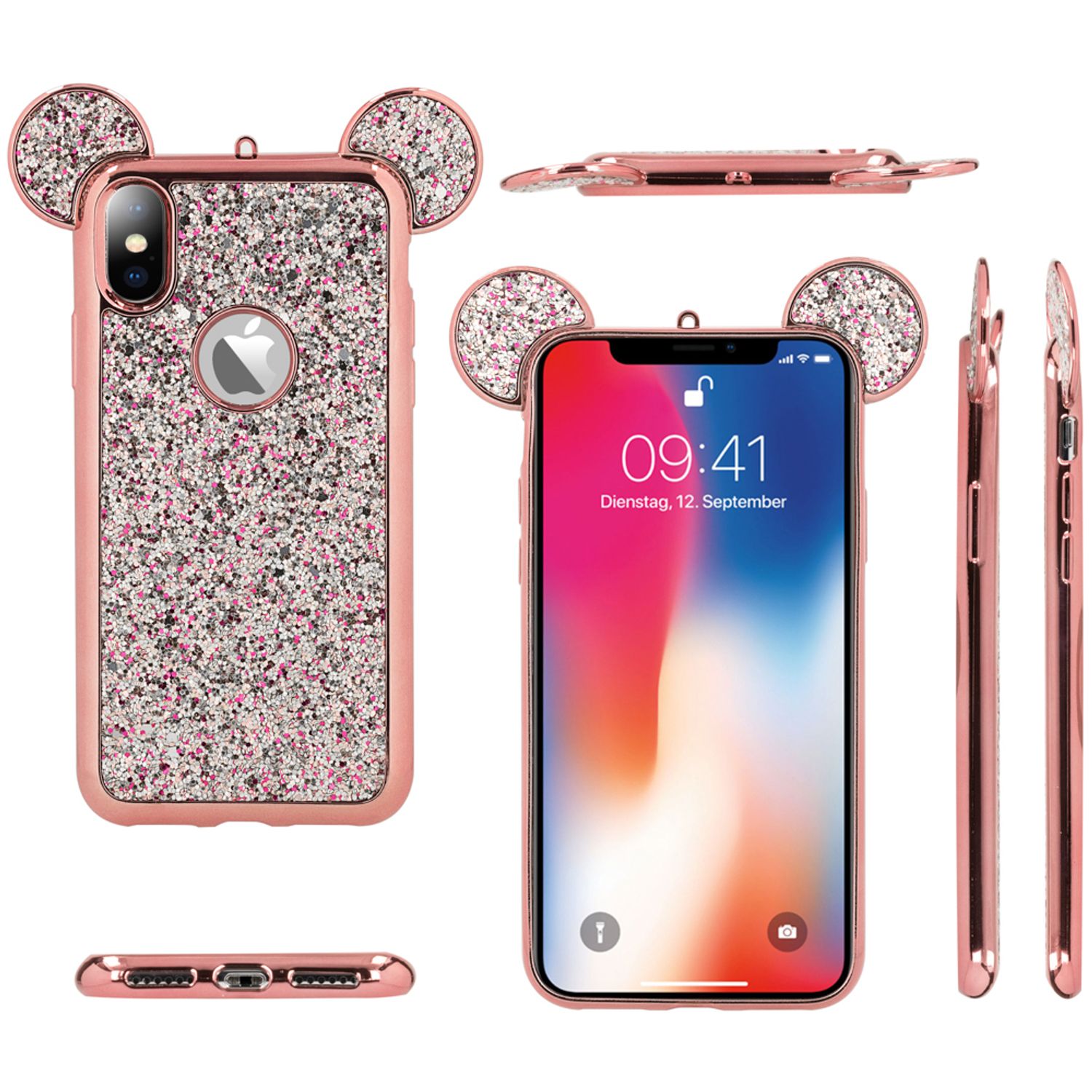 NALIA Hülle für iPhone XS Max, Handyhülle Glitzer Slim Cover Case mit Maus Ohren Rose Gold NALIA