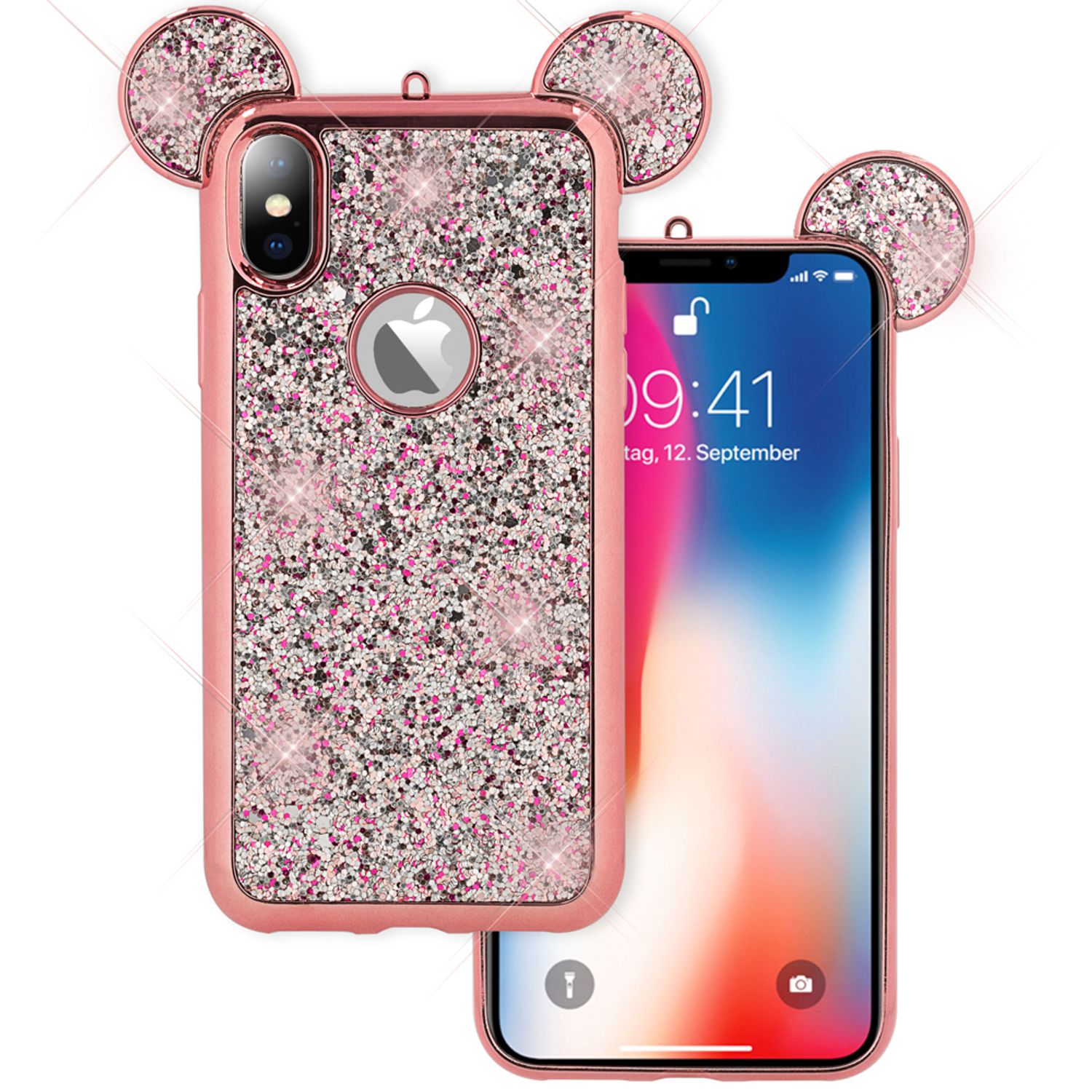 NALIA Hülle für iPhone XS Max, Handyhülle Glitzer Slim Cover Case mit Maus Ohren Rose Gold NALIA