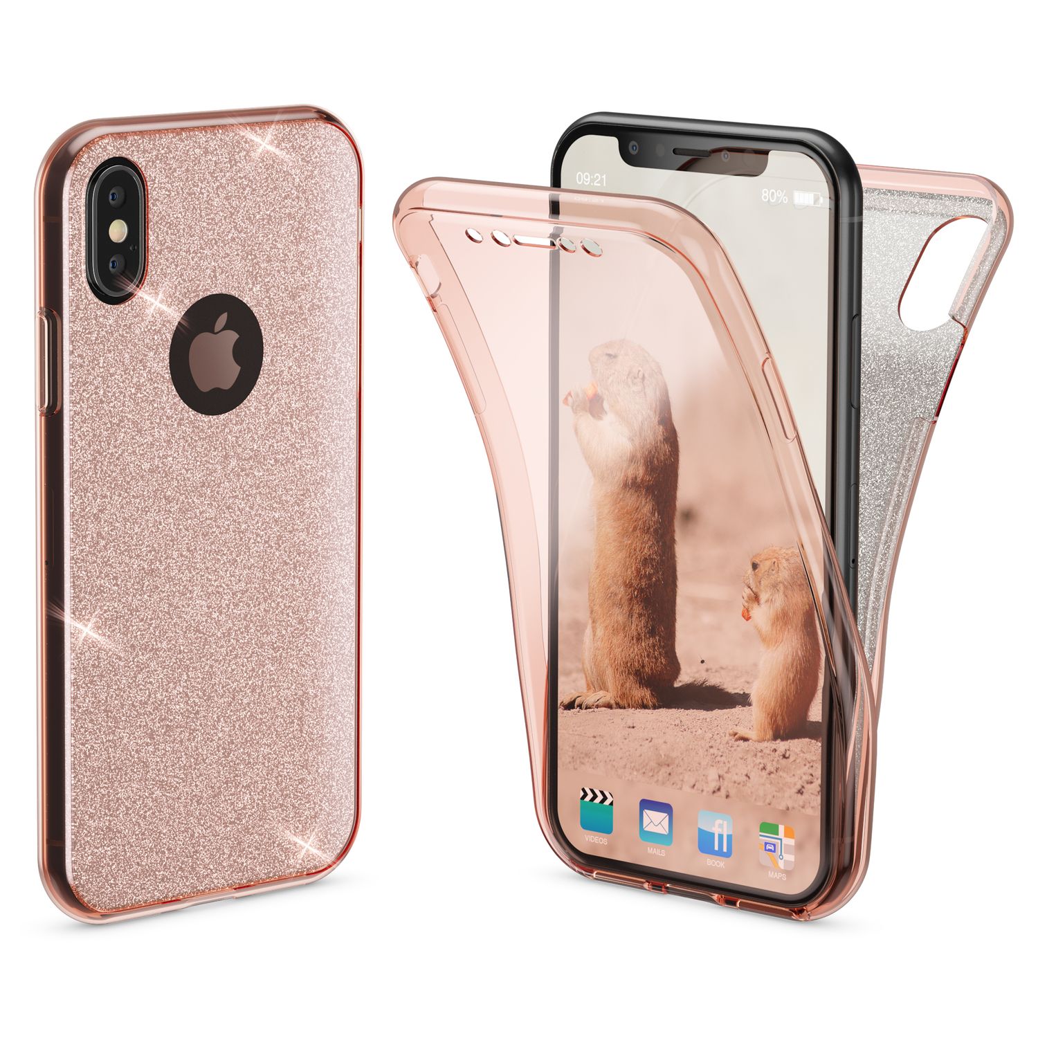 NALIA 360 Grad Hülle für Apple iPhone XS X Glitter Handy Cover Case Silikon Etui NALIA
