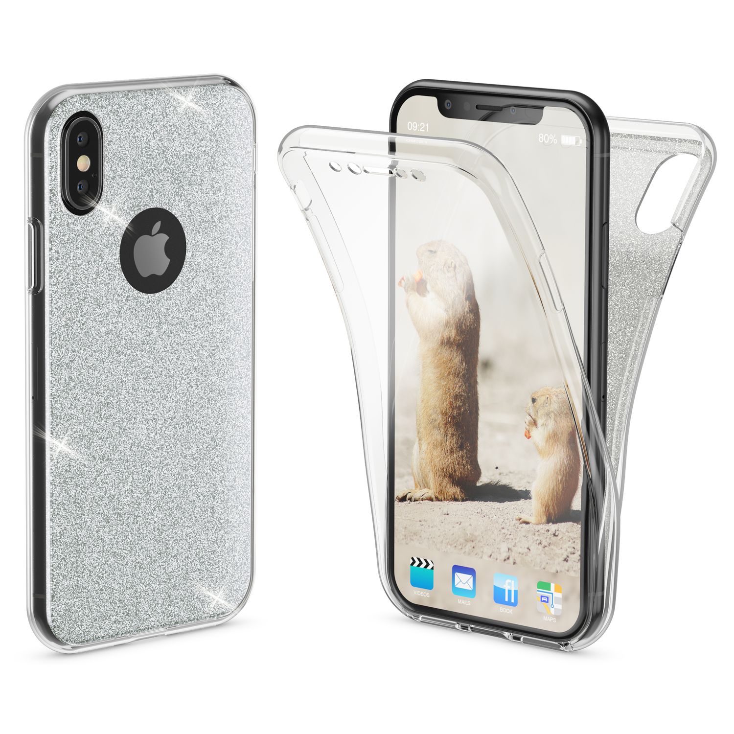 NALIA 360 Grad Hülle für Apple iPhone XS X Glitter Handy Cover Case Silikon Etui NALIA