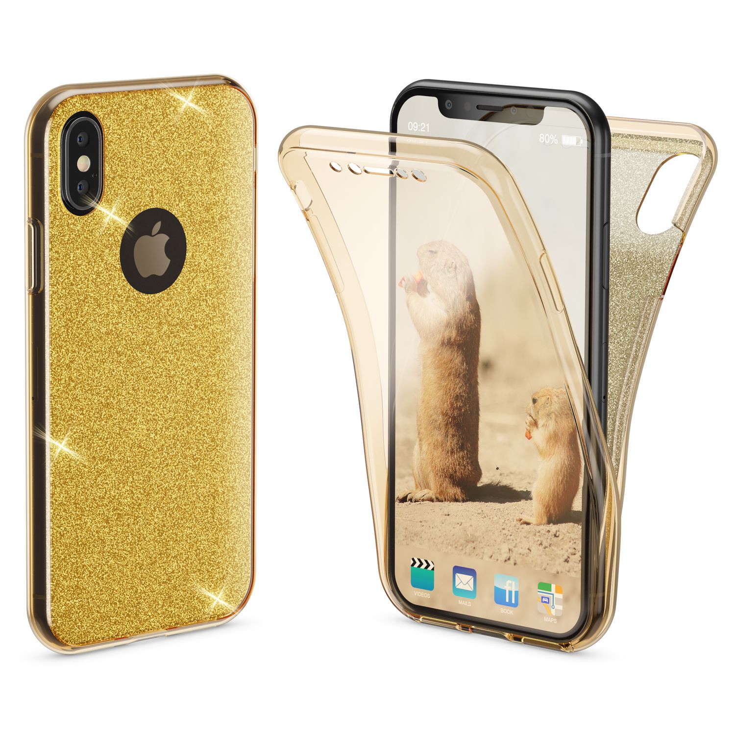 NALIA 360 Grad Hülle für Apple iPhone XS X Glitter Handy Cover Case Silikon Etui Gold NALIA