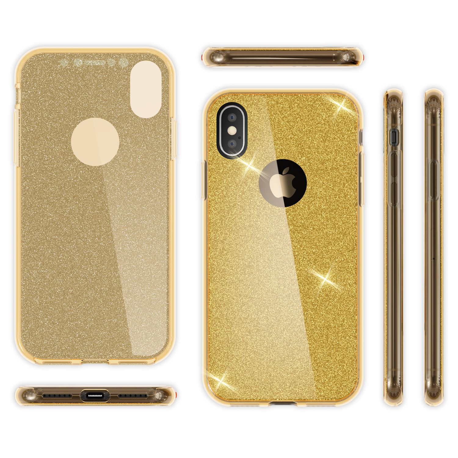 NALIA 360 Grad Hülle für Apple iPhone XS X Glitter Handy Cover Case Silikon Etui Gold NALIA