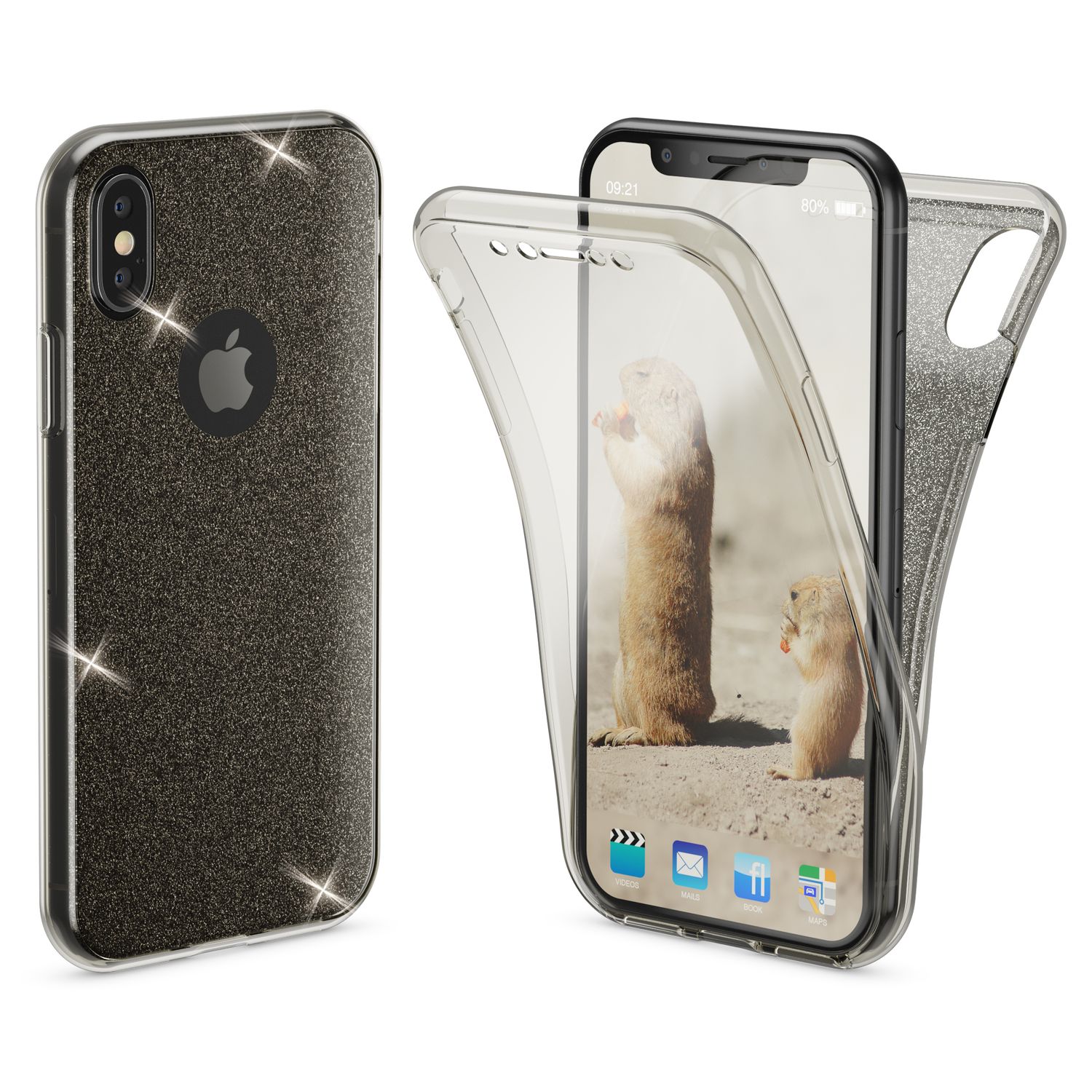 NALIA 360 Grad Hülle für Apple iPhone XS X Glitter Handy Cover Case Silikon Etui Schwarz NALIA