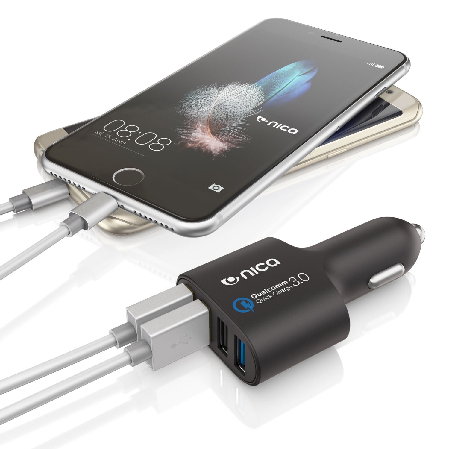 4-Port USB Quick Charge 3.0 Auto Ladegerät von NALIA Kfz Ladeadapter Schnelllader