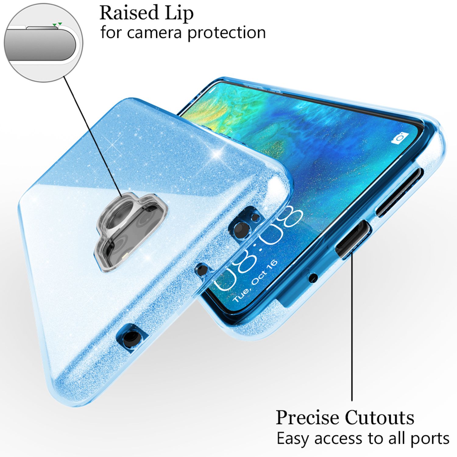 NALIA Handyhülle für Huawei Mate20, Glitzer Slim Silikon Case Cover Schutzhülle Türkis NALIA Protective Hülle