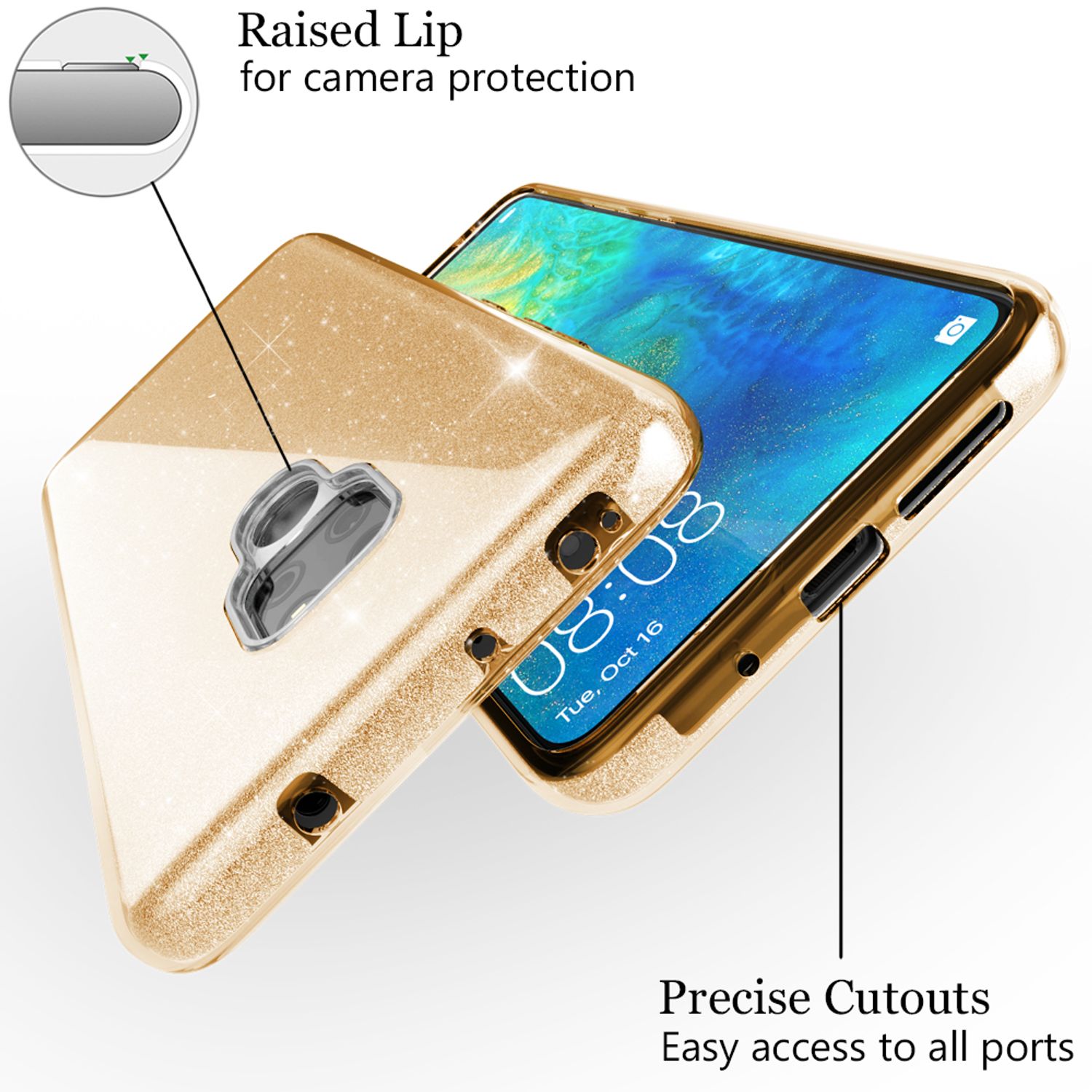 NALIA Handyhülle für Huawei Mate20, Glitzer Slim Silikon Case Cover Schutzhülle Gold NALIA Protective Hülle