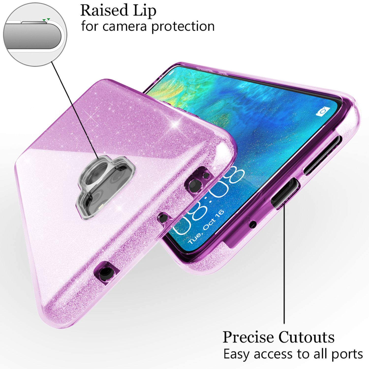 NALIA Handyhülle für Huawei Mate20, Glitzer Slim Silikon Case Cover Schutzhülle Lila NALIA Protective Hülle