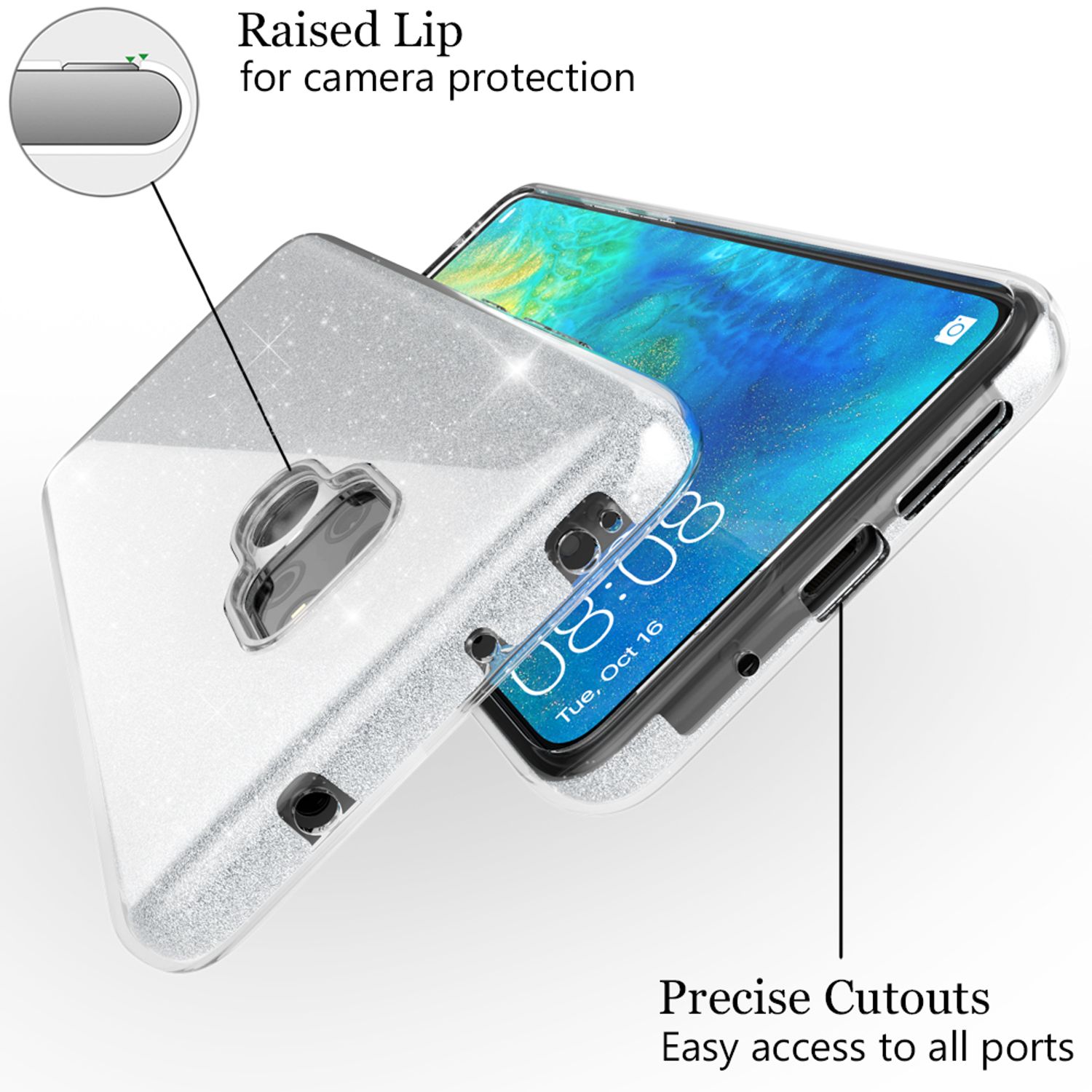 NALIA Handyhülle für Huawei Mate20, Glitzer Slim Silikon Case Cover Schutzhülle Silber NALIA Protective Hülle