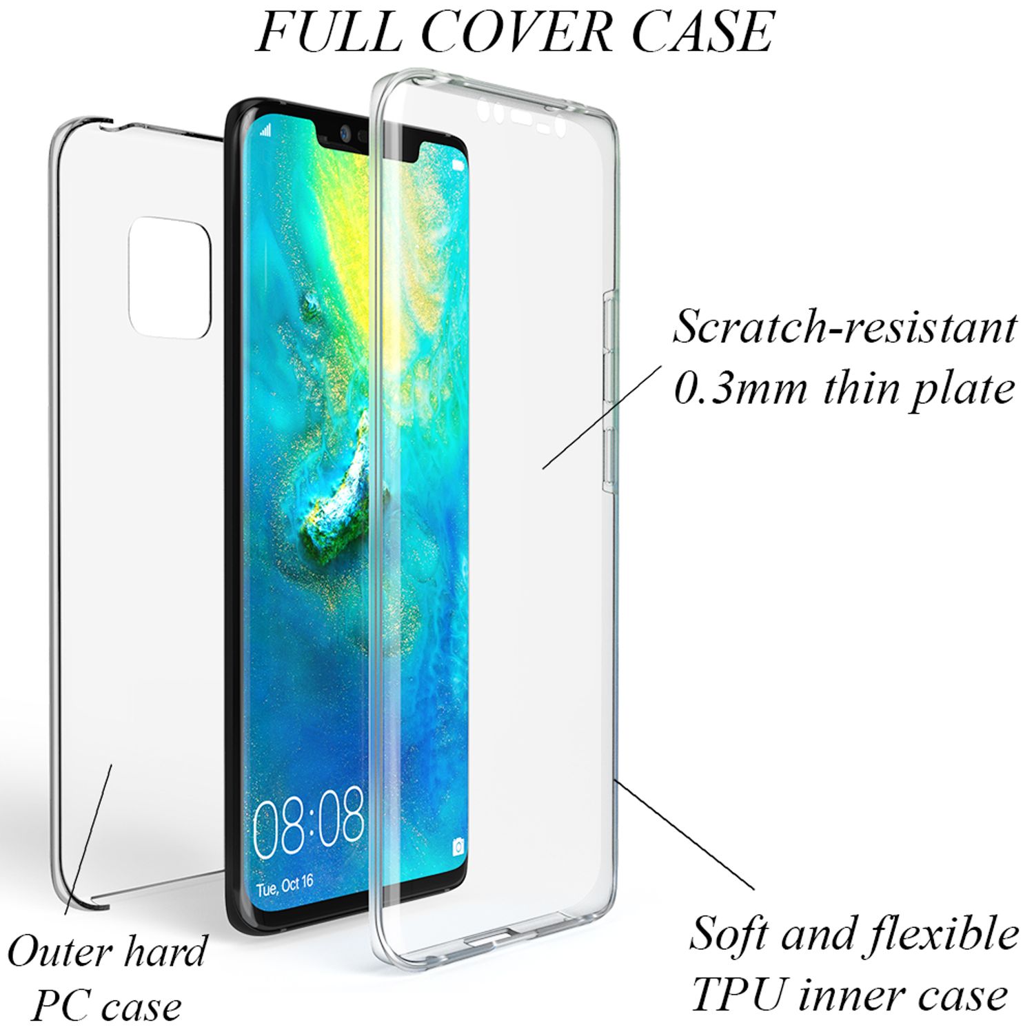 NALIA 360 Grad Handy Hülle für Huawei Mate20 Pro, Full Cover Case Bumper Etui Transparent NALIA Transparente Hülle