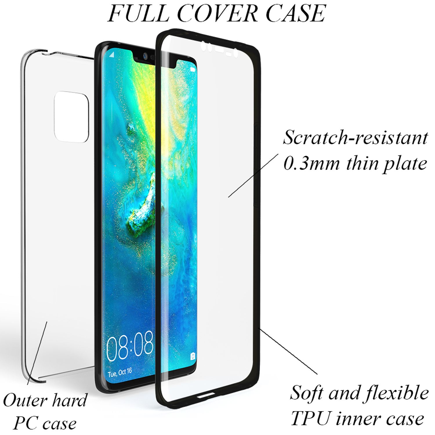 NALIA 360 Grad Handy Hülle für Huawei Mate20 Pro, Full Cover Case Bumper Etui Schwarz NALIA Transparente Hülle