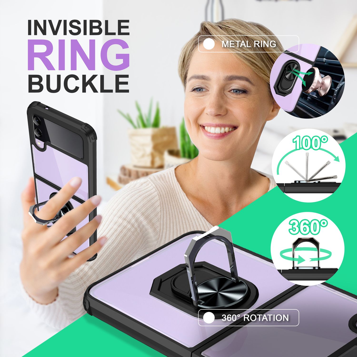 Ringhülle für Samsung Galaxy Z Flip4, Klar Kratzfest Schutzrahmen 360 Ring Hülle Schwarz NALIA