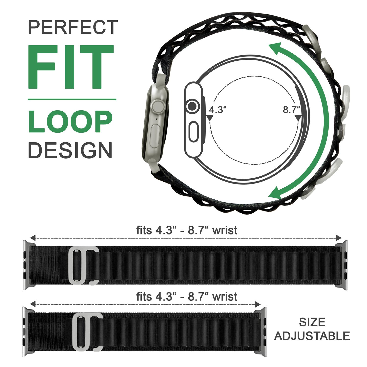 Alpine Armband für Apple Watch Ultra/SE/8/7/6/5/4/3/2/1, 42 44 45 49mm Schwarz NALIA Textil Armband