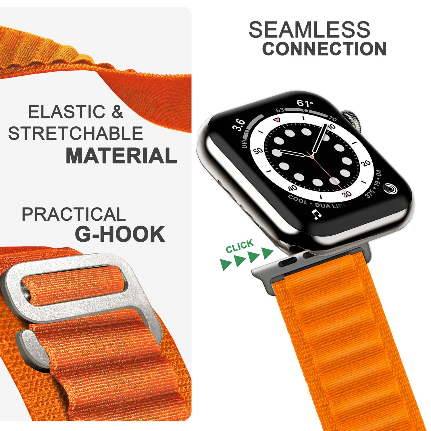 Alpine Armband für Apple Watch Ultra/SE/8/7/6/5/4/3/2/1, 42 44 45 49mm Orange NALIA Textil Armband
