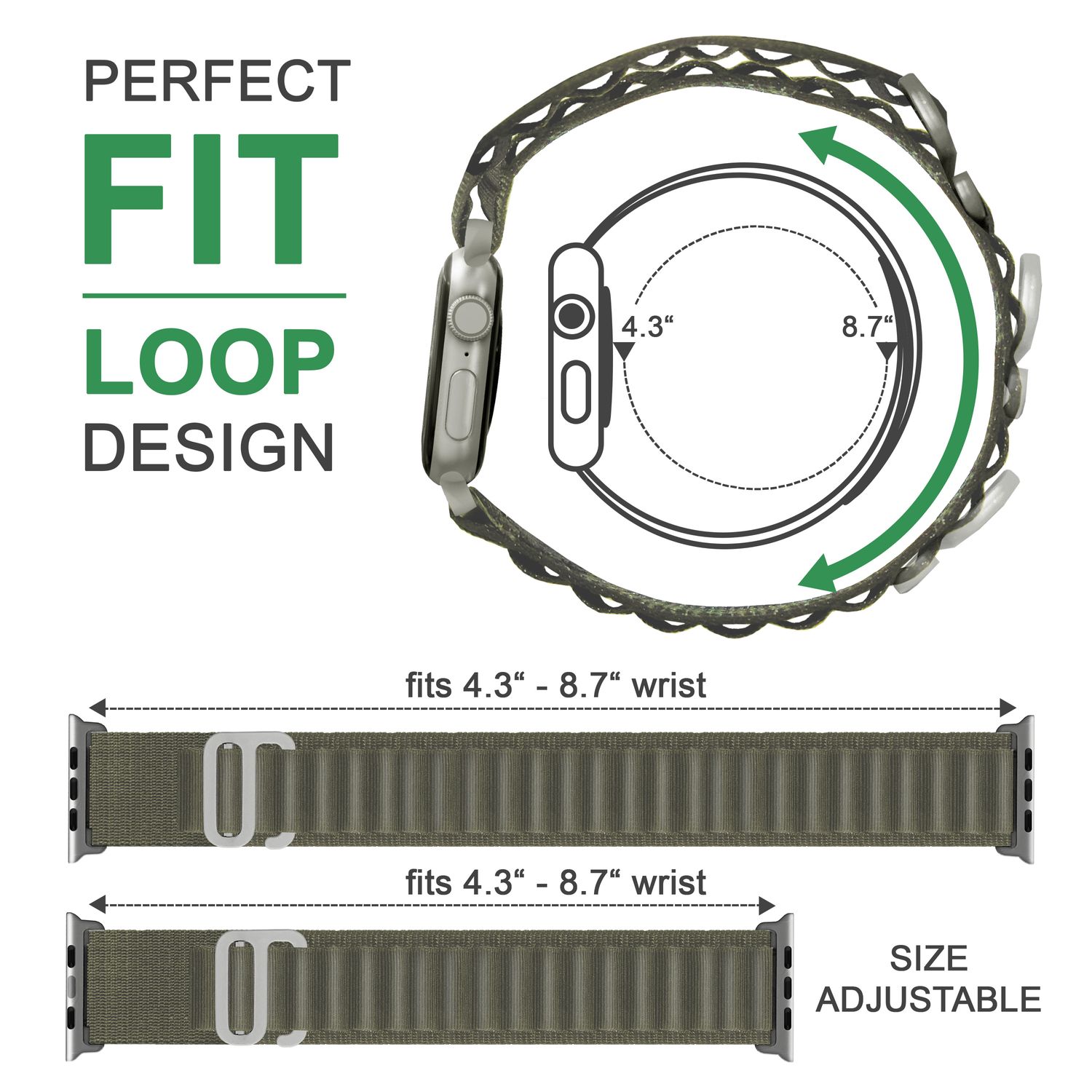 Alpine Armband für Apple Watch Ultra/SE/8/7/6/5/4/3/2/1, 42 44 45 49mm Kieferngrün NALIA Textil Armband