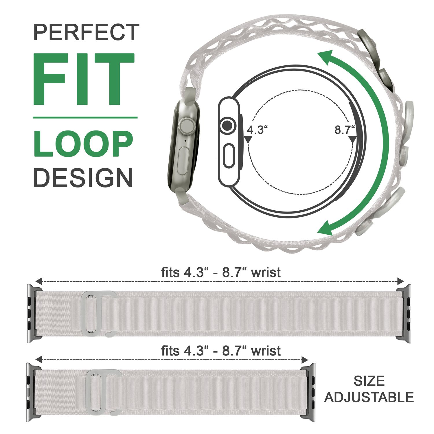 Alpine Armband für Apple Watch Ultra/SE/8/7/6/5/4/3/2/1, 42 44 45 49mm Weiß NALIA Textil Armband