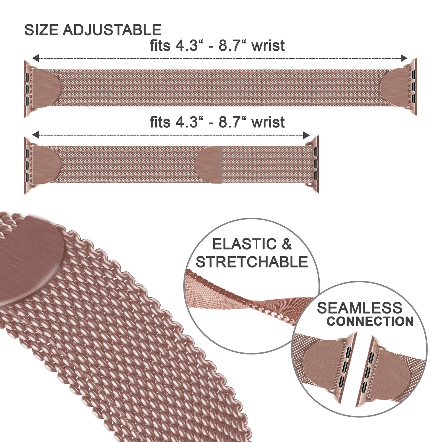 Milanaise Metall Armband für Apple Watch SE/8/7/6/5/4/3/2/1, 38/40/41mm Rose Gold NALIA Metall Armband