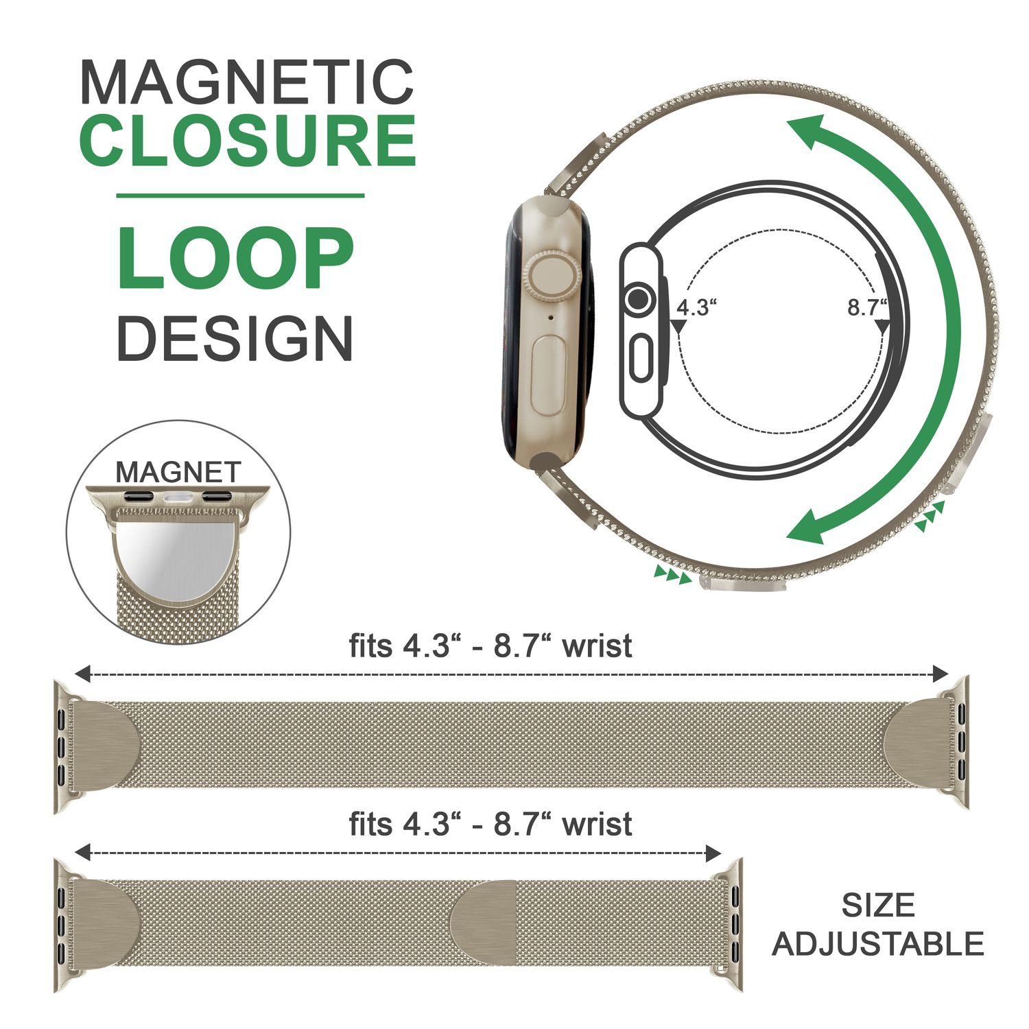 Milanaise Metall Armband für Apple Watch Ultra/Se/8/7/6/5/4/3/2/1, 42/44/45/49mm Champagner NALIA Metall Armband