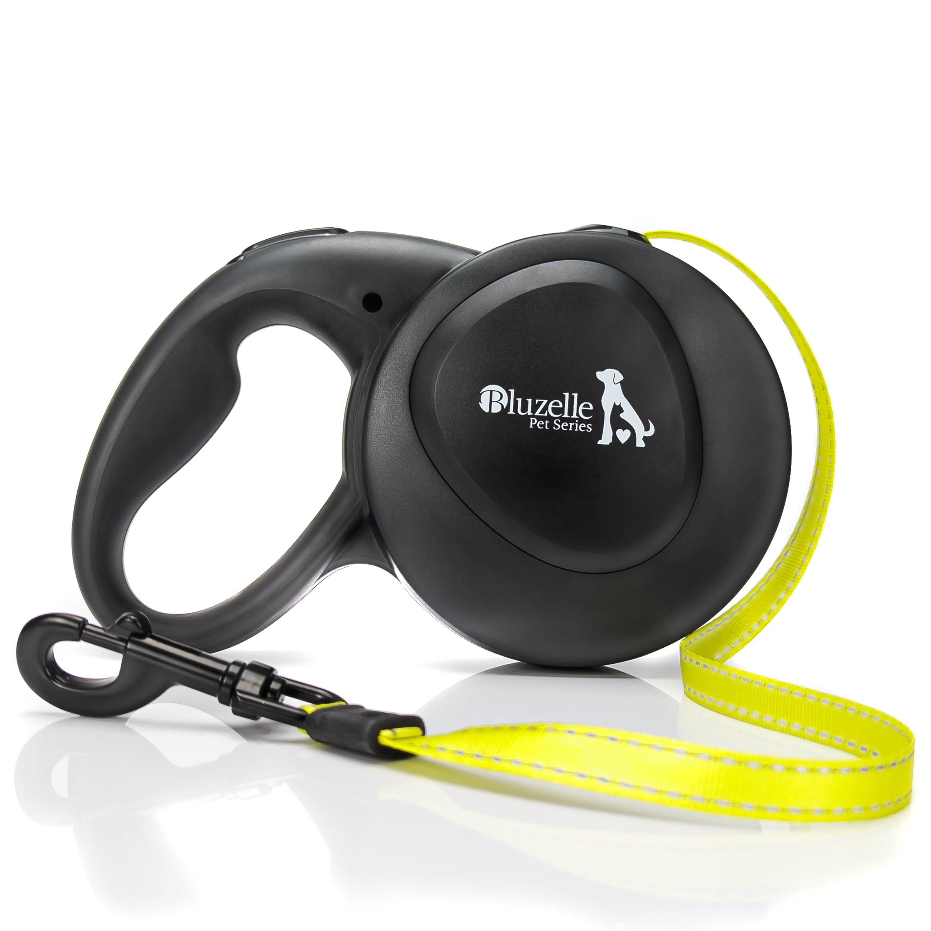 BLUZELLE 8m Lange Hundeleine für Hunde bis 50kg, Flexible Rollleine Neon-Gelb Leuchtender Reflektor-Gurt mit 360° Karabinerhaken Metall, Ergonomischer Griff Schwarz Gummiert & Einzugs-Bremse, Schwarz