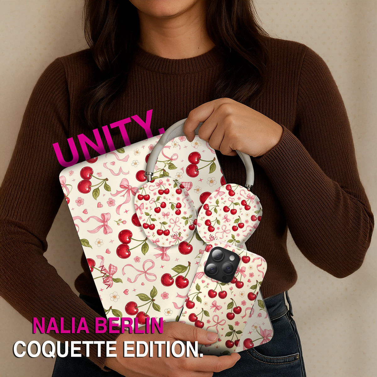 Coquette Edition von NALIA Berlin: MacBook Hülle, AirPods Max Hülle und Handyhülle mit Kirschen