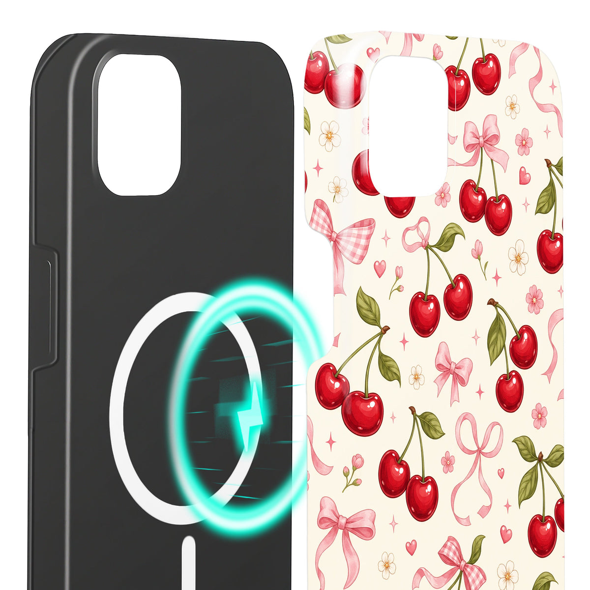 Coquette iPhone 15 Plus Hülle mit Kirschen, Innenseite mit Magnetring, kompatibel mit MagSafe-Zubehör
