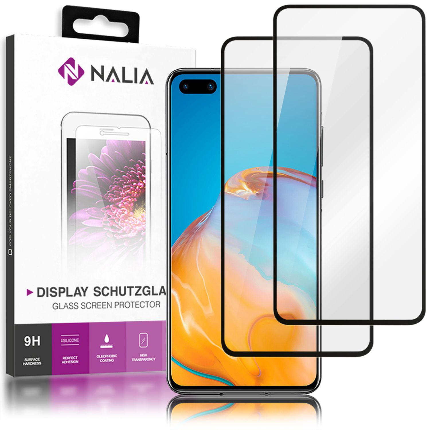 NALIA 2x Schutz Glas für Huawei P40, 9H Full Cover Handy Display Folie LCD Film
