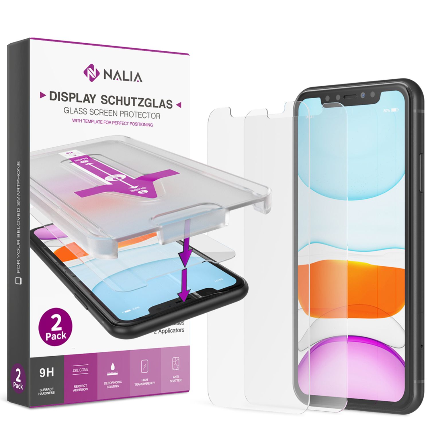 NALIA (2x) Schutzglas & Applikator - Set für iPhone 11 Pro Max / Xs Max, 9H Glas