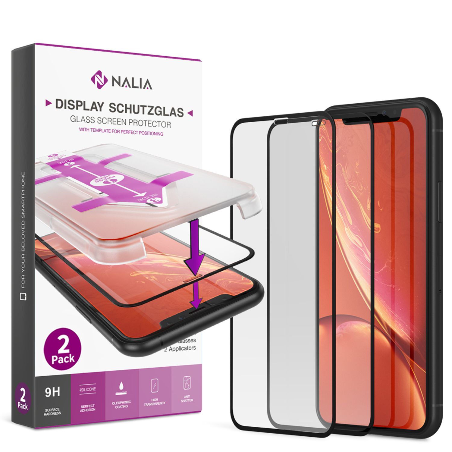 NALIA (2x) Schutzglas & Applikator für iPhone 11 / Xr, Tempered Glass