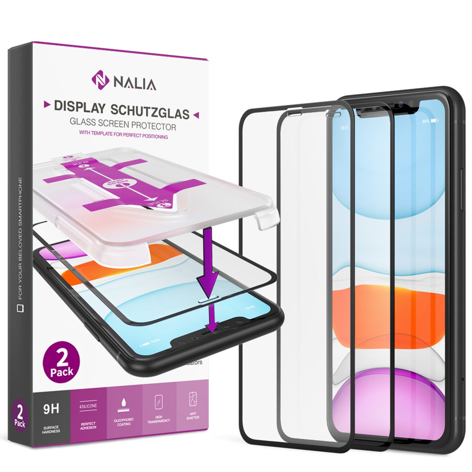 NALIA (2x) Schutzglas & Applikator für iPhone 11 Pro Max/ Xs Max, Tempered Glass