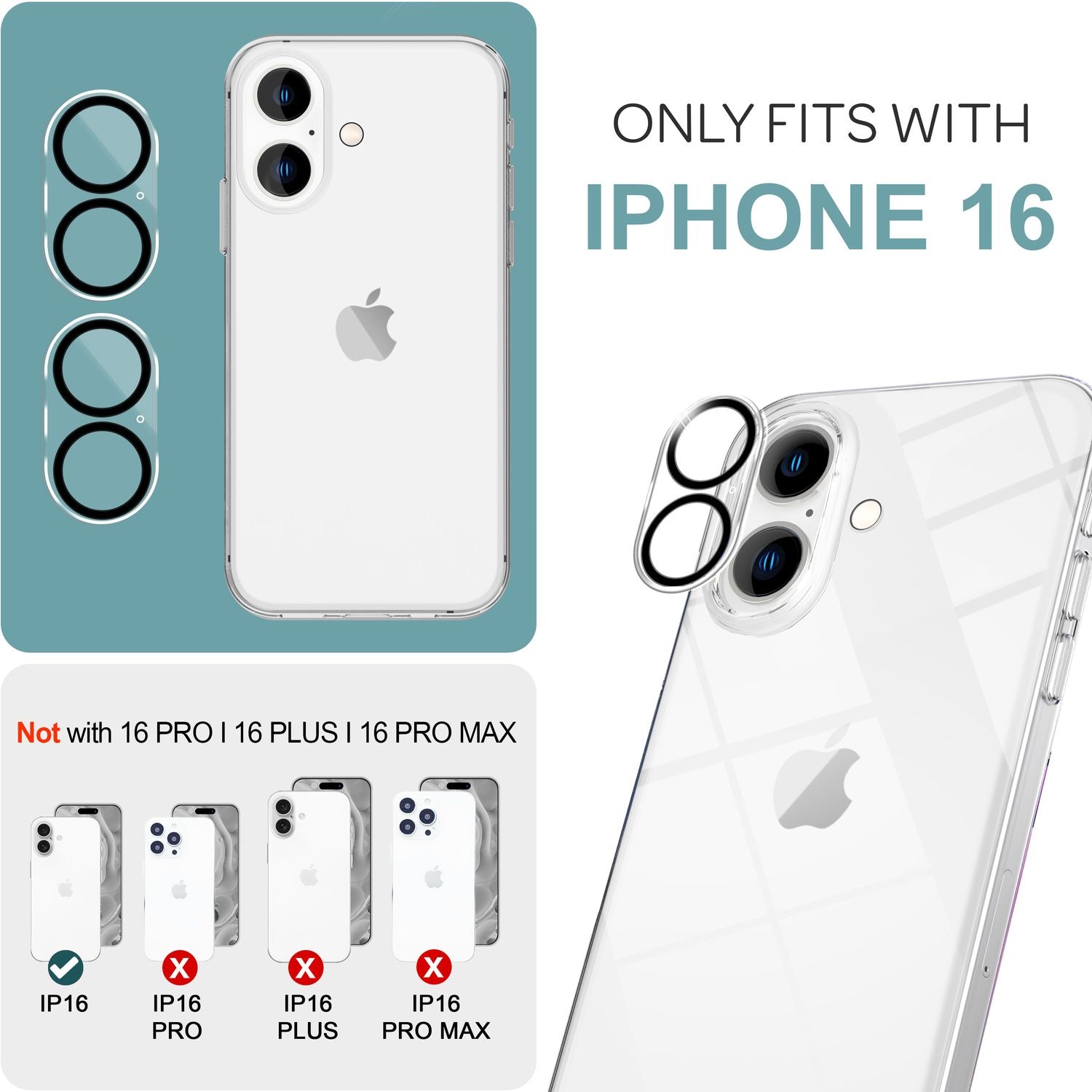 NALIA 2x Kamera Schutzglas für iPhone 16, Klarer Linsenschutz für Rückkamera, Transparenter Kameraschutz, Kameraglas Default Title NALIA GlasSchutz