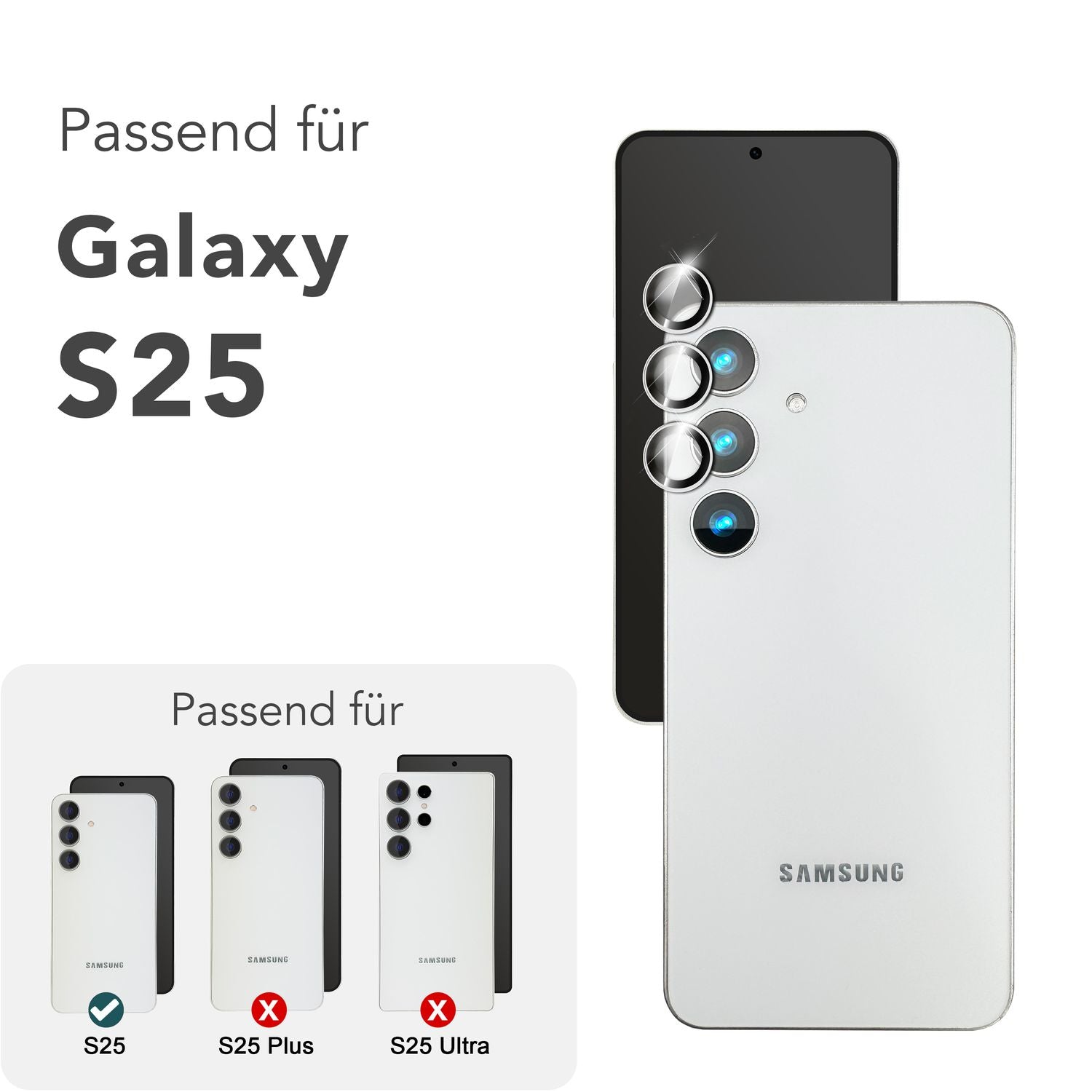 NALIA Focus.Pro CLX für Samsung Galaxy S25 Glas, Reflexionsfreier Kameraschutz, Einzeln Klare Schutzglas Ringe mit Farbrahmen, 9H Linsenschutz für Rück-Kamera, 3 Stück