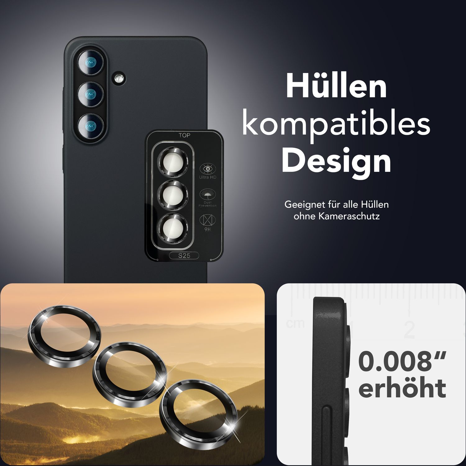 NALIA Focus.Pro CLX für Samsung Galaxy S25 Glas, Reflexionsfreier Kameraschutz, Einzeln Klare Schutzglas Ringe mit Farbrahmen, 9H Linsenschutz für Rück-Kamera, 3 Stück