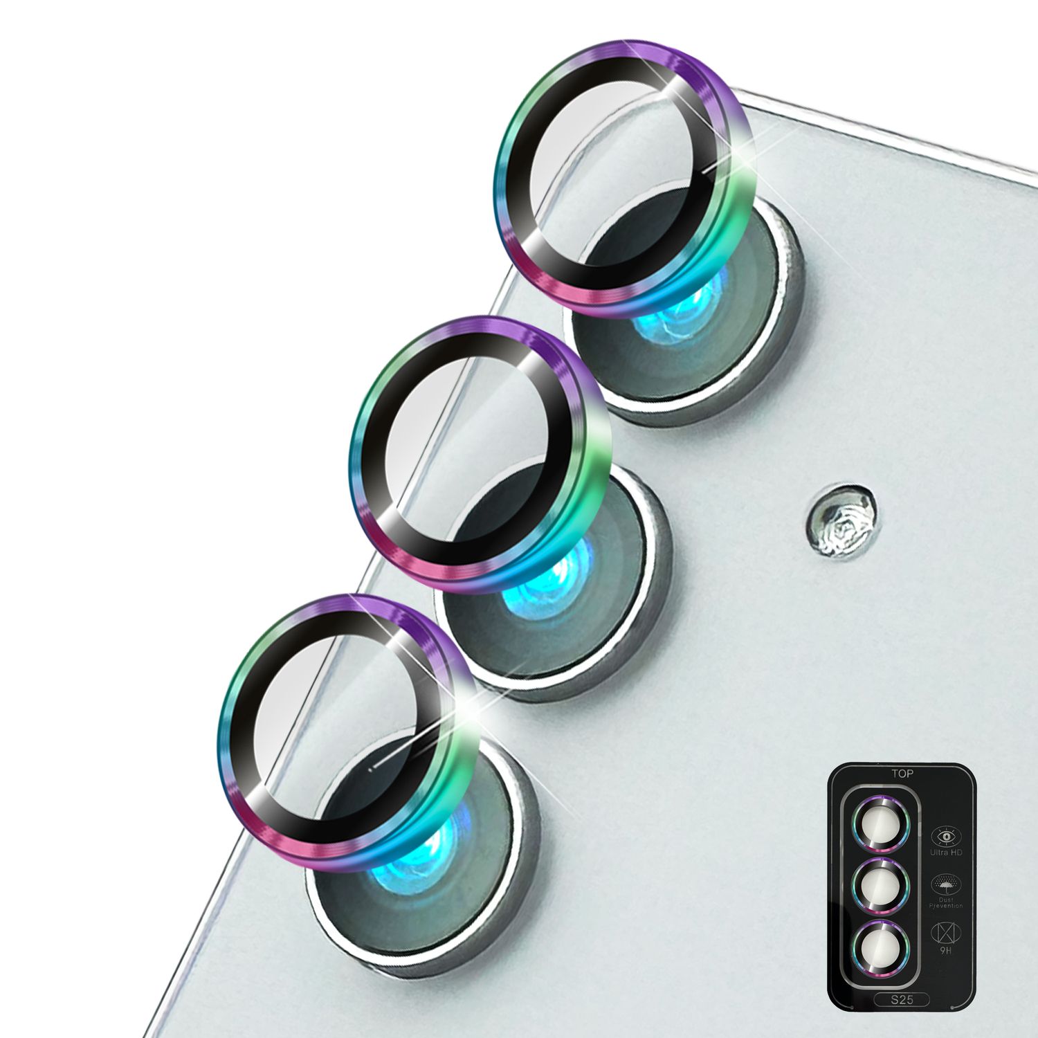 NALIA Focus.Pro CLX für Samsung Galaxy S25 Glas, Reflexionsfreier Kameraschutz, Einzeln Klare Schutzglas Ringe mit Farbrahmen, 9H Linsenschutz für Rück-Kamera, 3 Stück